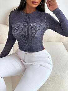 VaVaLuxe Women Denim Effect Printed Round Neck Long Sleeve Fitted T-Shirt, Spring Summer