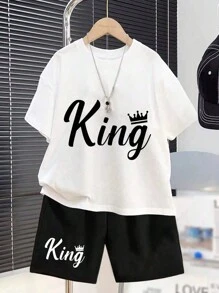 Young Boy Letter Printed Oversized Round Neck Short Sleeve T-Shirt And Shorts Set, Spring/Summer