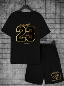 2pcs/Set Young Boy' Casual Chicago Letter Graphic Print T-Shirt And Shorts Se