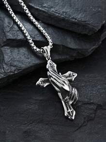 1set(2pcs) Elegant Unisex Prayer Hand Necklace And Bracelet,Cross Pendant Necklace And Retro Woven Bracelet, Fashion Accessories,Suitable For Daily Wear,Easter,Christmas,Thanksgiving&So On