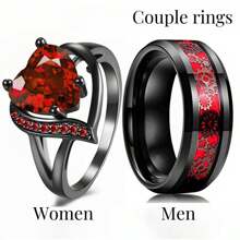 1 Pair Romantic Couple Rings, Women's Heart-Shaped Red Synthetic Crystal Ring, Men's Stainless Steel Red Wedding Jewelry