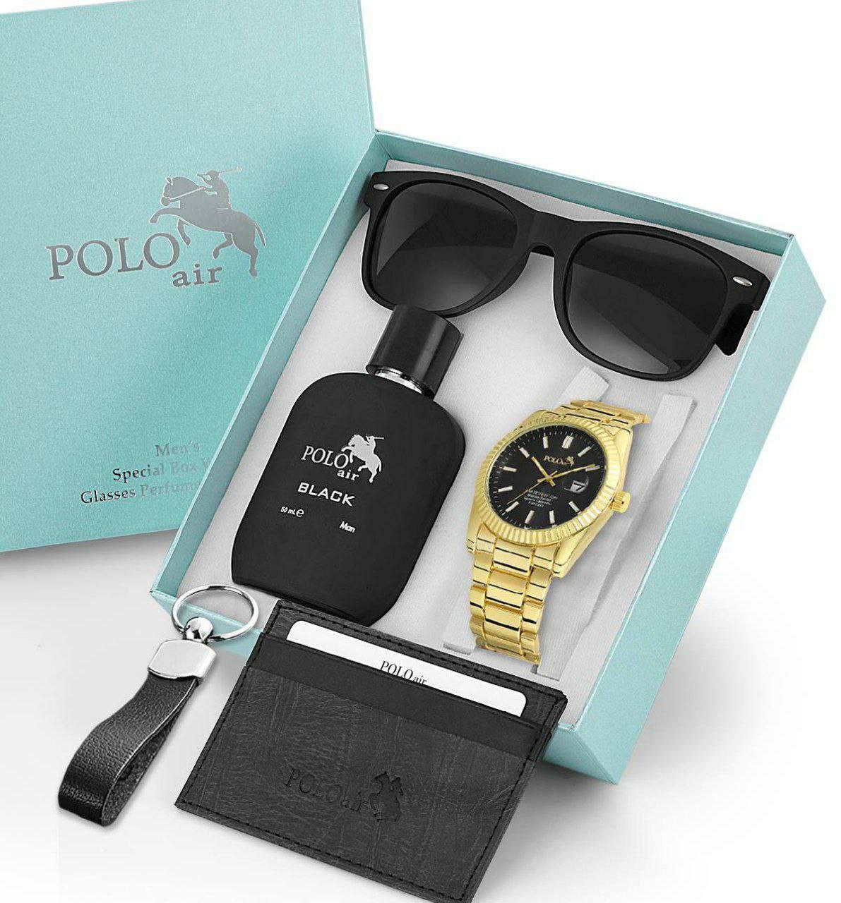 POLO AIR Men's Combination Set Wristwatch Glasses Perfume Card Holder Keychain In Special Box