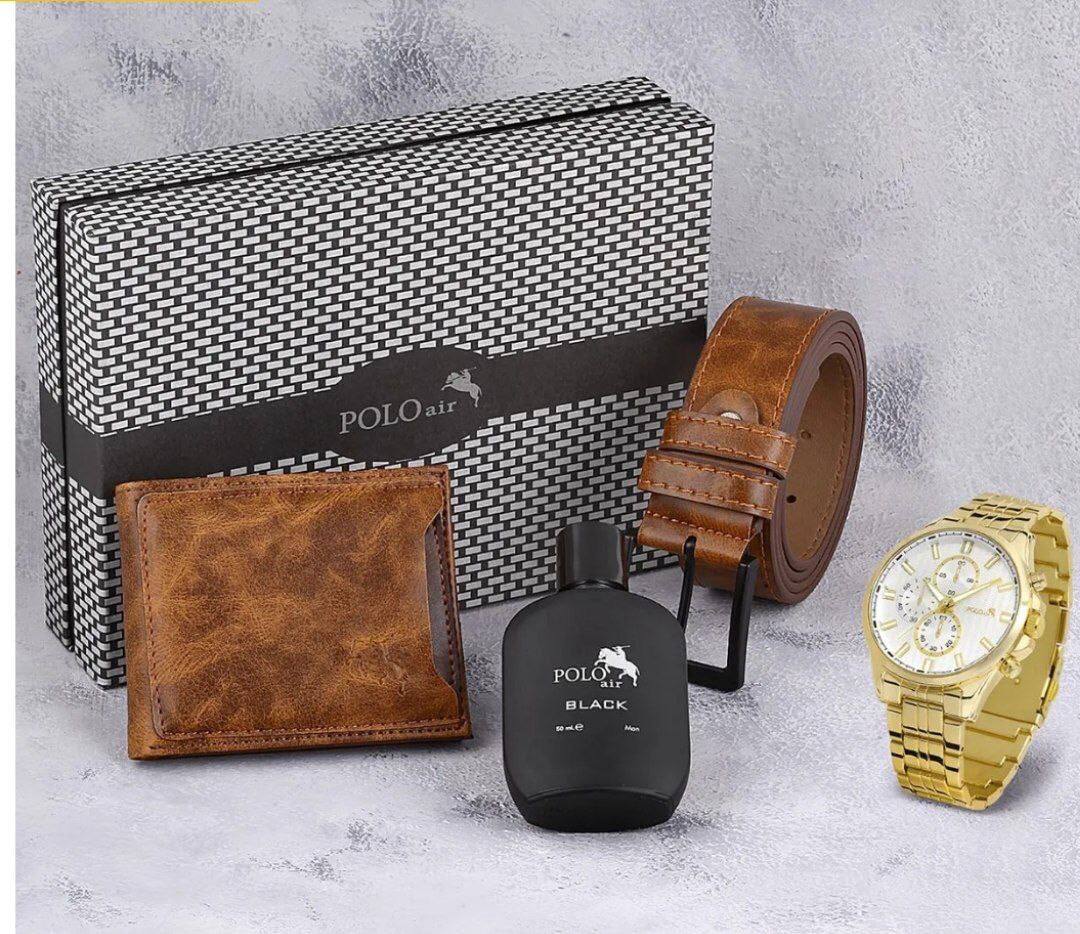 POLO AIR Men's Wristwatch Belt Wallet Card Holder Perfume Gift Combination